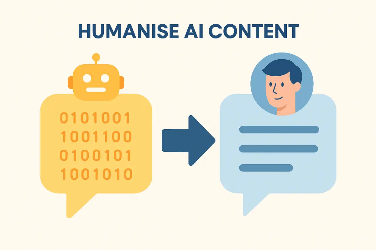 Illustration showing robotic AI text transformed into human-friendly content, representing humanising AI content