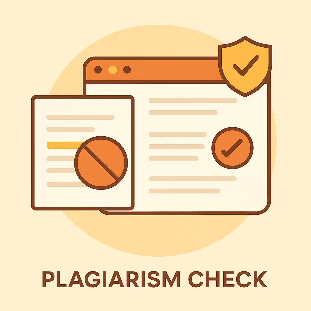 Illustration showing plagiarism check with document scan, warning symbol and verification shield