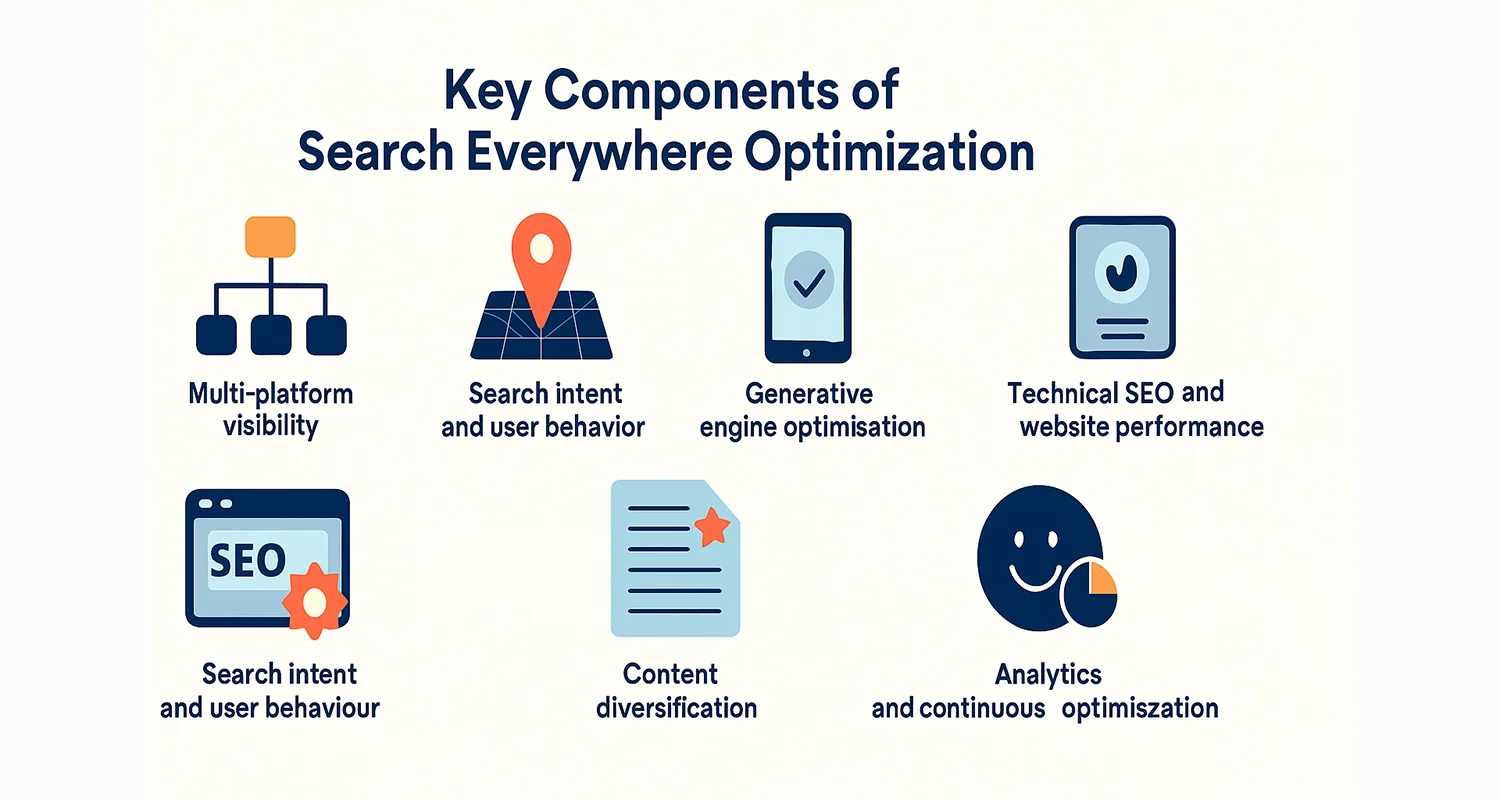 Infographic of Search Everywhere Optimization benefits like increased reach, engagement, and conversions